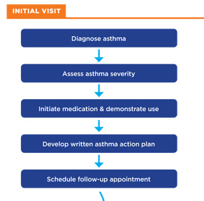 Initial Visit>Diagnose asthma>assess asthma severity>Initiate medication & demonstrate use>Develop written asthma action plan>Schedule follow-up appointment